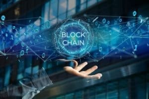 View of a Blockchain title with 0 and 1 data flying over.