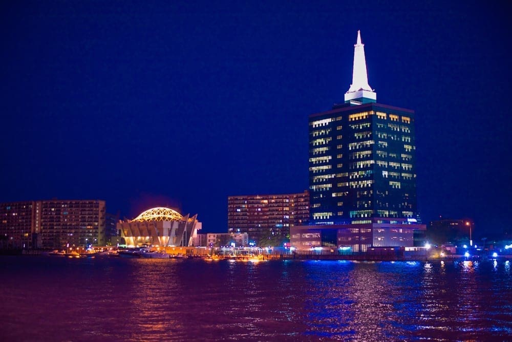 A view of the Lagos Lagoon at night, Victoria Island in Lagos, Nigeria. 