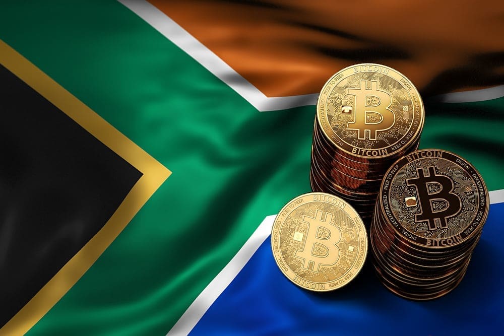 Stack of Bitcoin coins on Southern Africa flag.