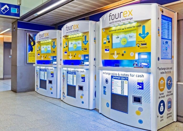A bank of Fourex currency exchange kiosks at Kings Cross station
