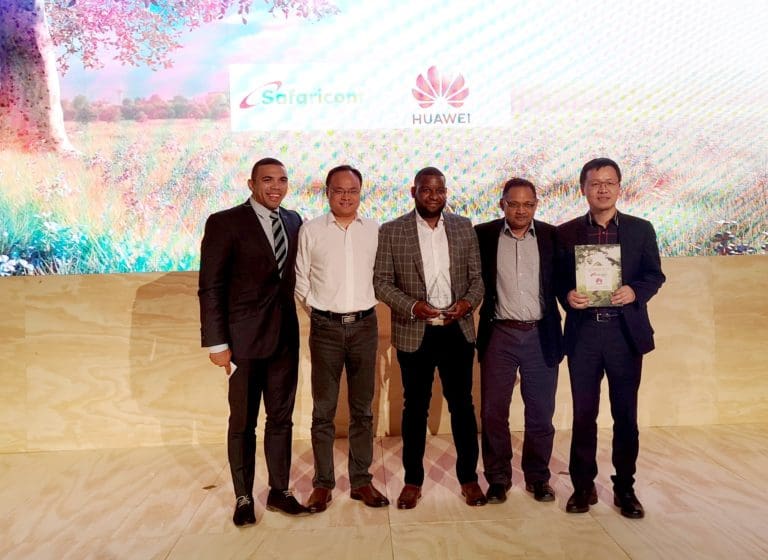 Safaricom and Huawei Executves at AfricaCom 2019, winners of “Most Innovative Service” Award.