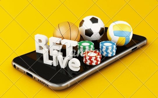 3d Smartphone with sport balls, chips and bet live.