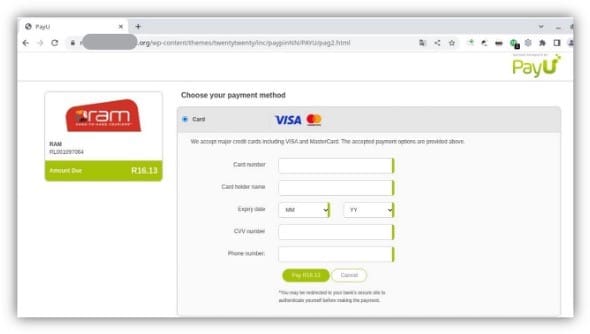 Users are asked for their bank card details. 