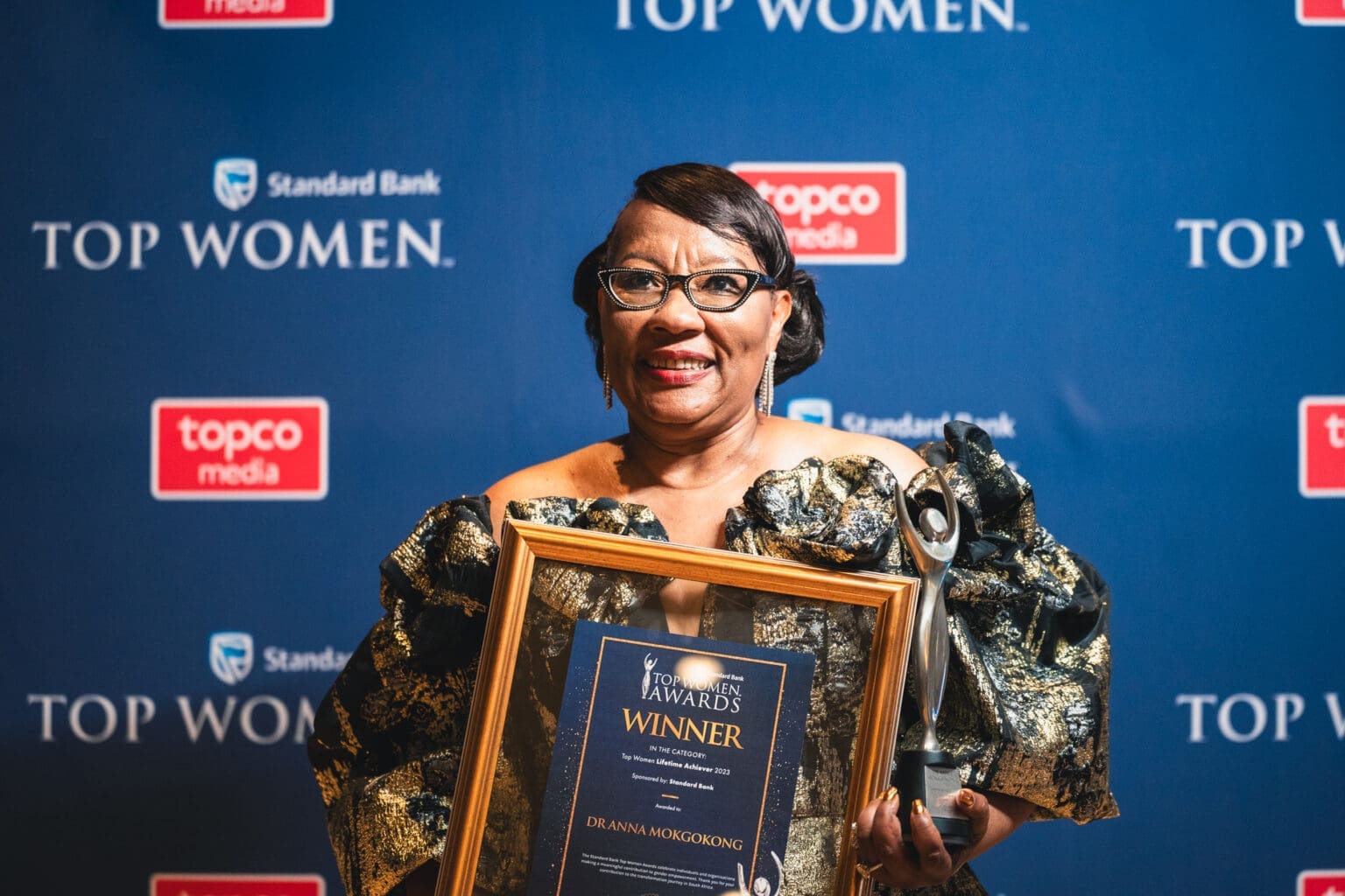 Dr. Anna Mokgokong Honored With Lifetime Achiever Award At Standard Bank Top Women Awards Top Women Lifetime Achiever 2023 Sponsored by Standard Bank Dr Anna Mokgokong