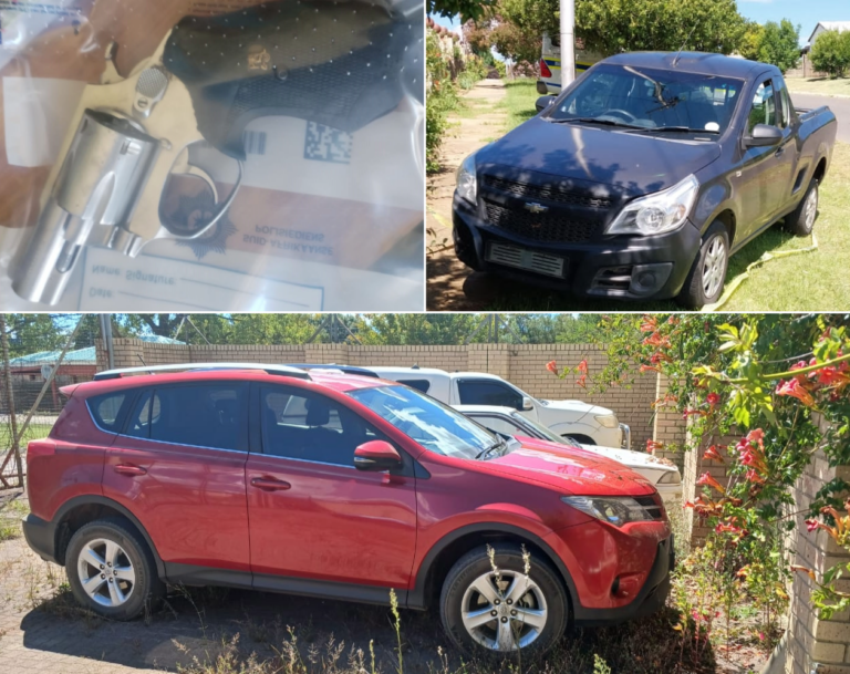 BUST: The two getaway cars used during a post office robbery in Wakkerstroom, Mpumalanga, and the gun were recovered by police after the suspects were arrested. Cash was also recovered