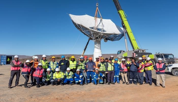 The "big lift" of the main reflector onto the pedestal for the first SKA-Mid production dish on site in South Africa. The lift took place on 4 July 2024. The "big lift" of the main reflector onto the pedestal for the first SKA-Mid production dish on site in South Africa. The lift took place on 4 July 2024, and was carried out by a team from the SKAO, South African Radio Astronomy Observatory (SARAO) and China's CETC54.