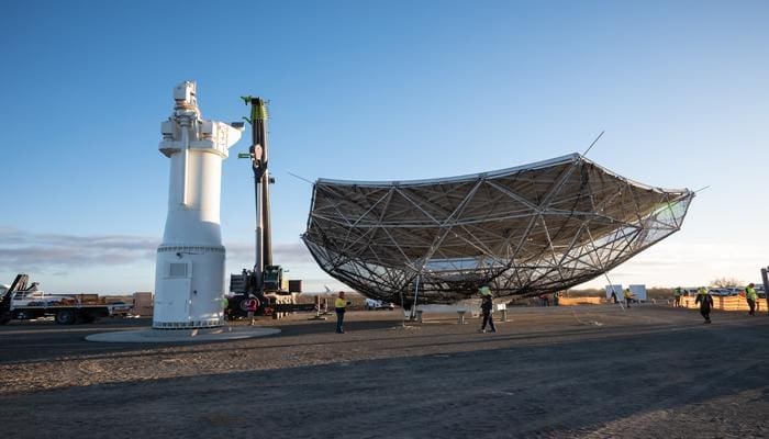 The "big lift" of the main reflector onto the pedestal for the first SKA-Mid production dish on site in South Africa. The lift took place on 4 July 2024. The "big lift" of the main reflector onto the pedestal for the first SKA-Mid production dish on site in South Africa. The lift took place on 4 July 2024, and was carried out by a team from the SKAO, South African Radio Astronomy Observatory (SARAO) and China's CETC54.