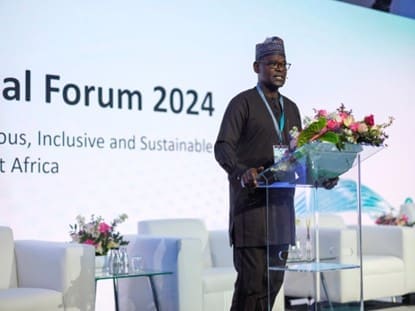 Caption: Mr John OMO speaks at the Ministerial Forum during AfricaCom 2024, focused on building a prosperous, inclusive and sustainable Africa through the development of ICT technologies.