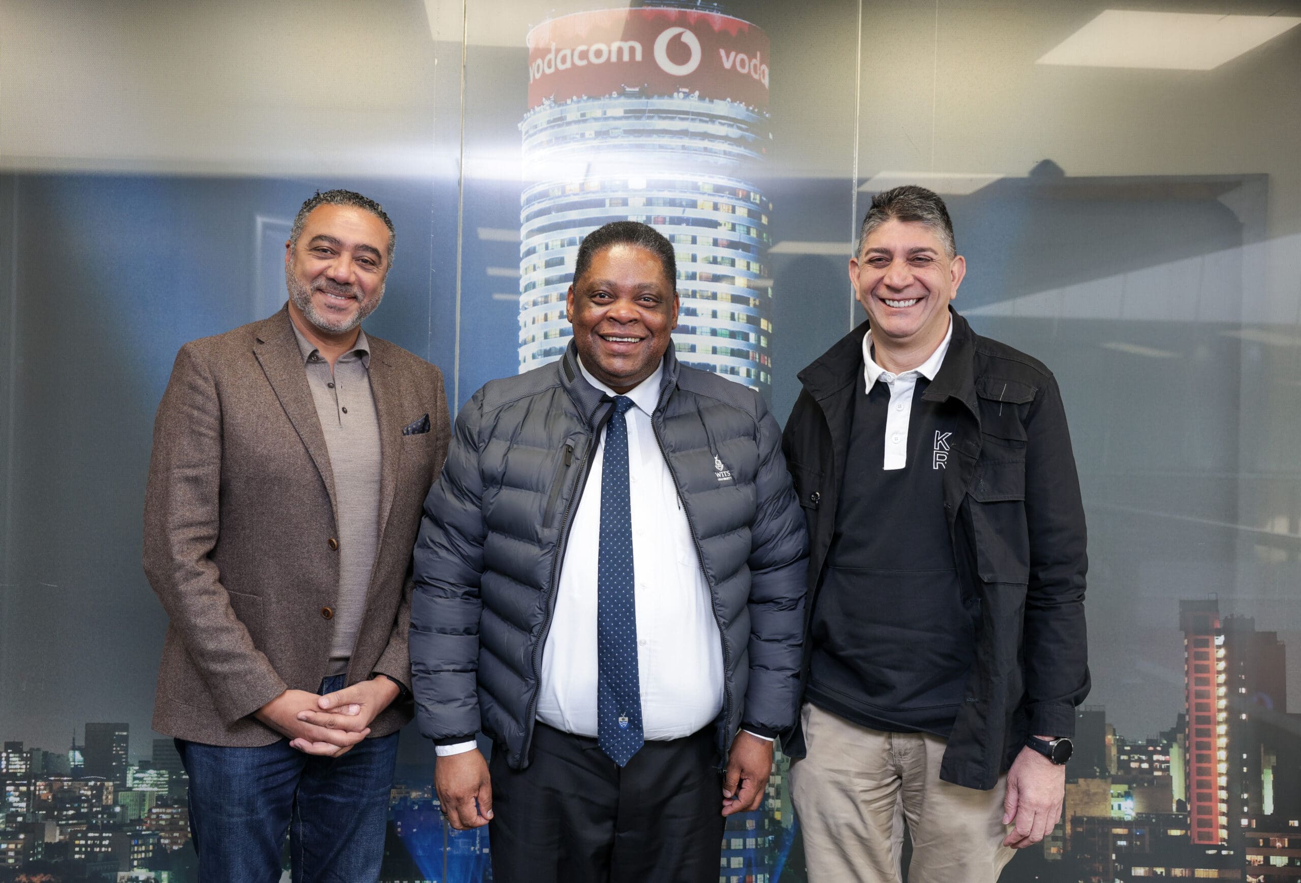 (L-R) Ayman Essam Vodacom Group Chief of External Affairs_Wits Dean of Student Affairs Jerome September and Chief Executive Officer of Vodacom Shameel Joosub