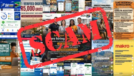 Collage of adverts on social media offering quick-buck jobs. But they’re all scams, often falsely using the names of real companies like Makro and Amazon