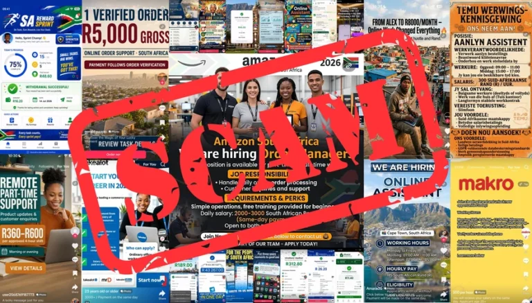 Exposing A Syndicate — By Getting Scammed Collage of adverts on social media offering quick-buck jobs. But they’re all scams, often falsely using the names of real companies like Makro and Amazon